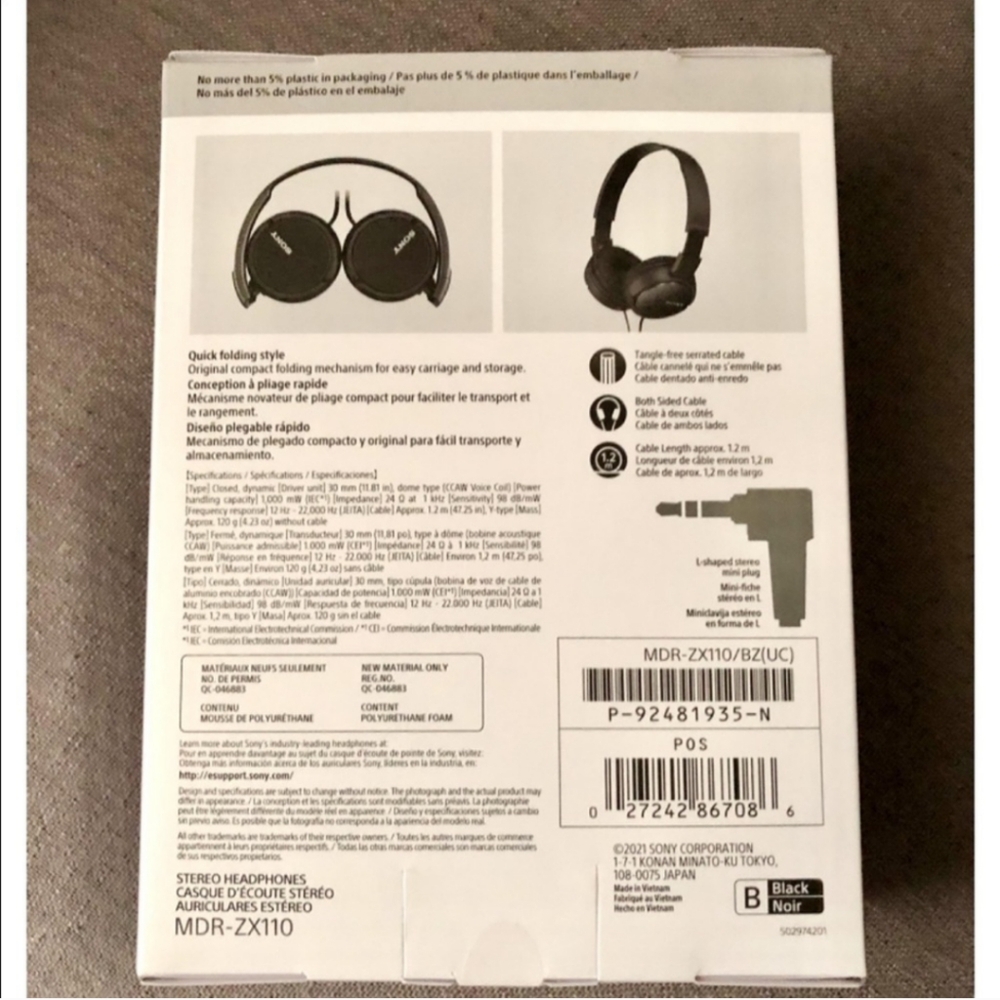 New! SONY Wired On-Ear Headphones ZX Series Black School Kids MDRZX110 3.5mm NIB - Picture 6 of 11